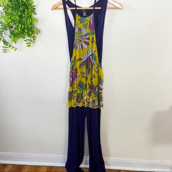 Diesel Pants - Diesel Yellow Halter Floral Overlay Purple Jumpsuit Medium